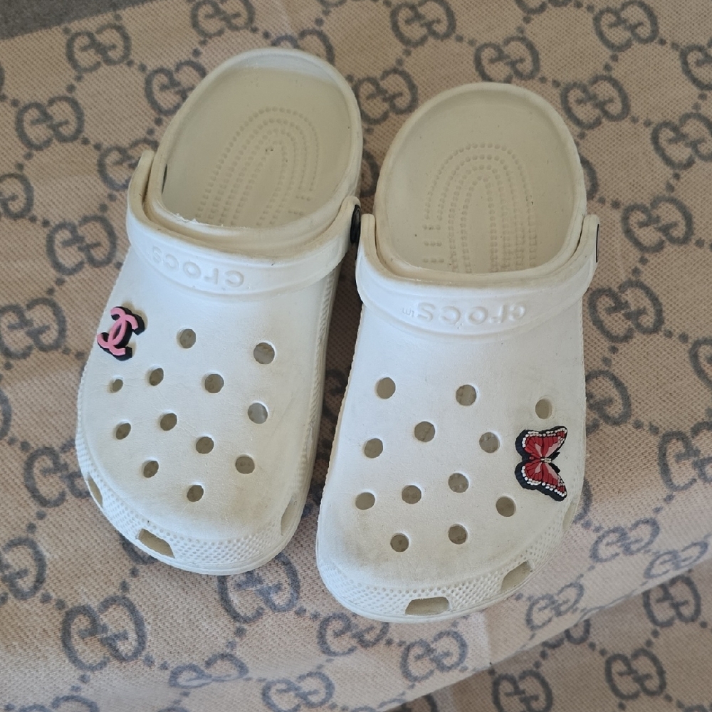 CROCS Kids White Clogs with Pink and Black Accents